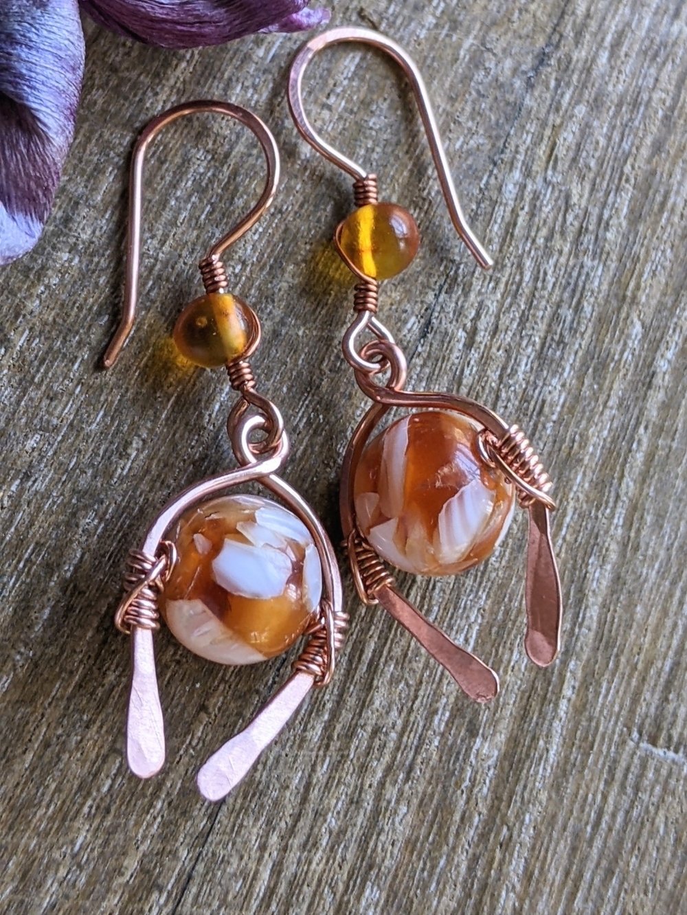 Southwestern Amber Earrings Genuine Copper Artisan Crafted Jewelry - Picture 4 of 11